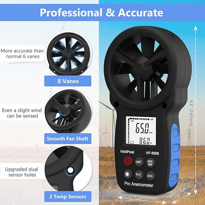 Anemómetro Digital - Medidor de Velocidad del Viento HoldPeak 866B - Vista 3