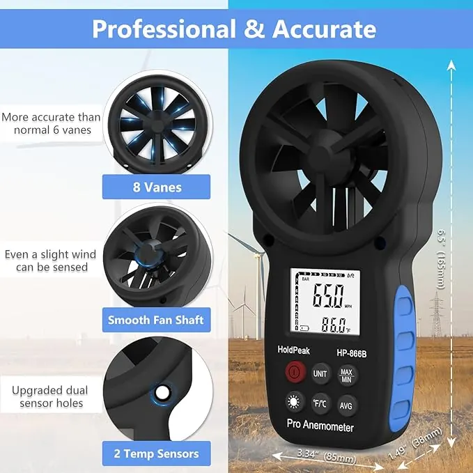 Anemómetro Digital - Medidor de Velocidad del Viento HoldPeak 866B - Vista 3